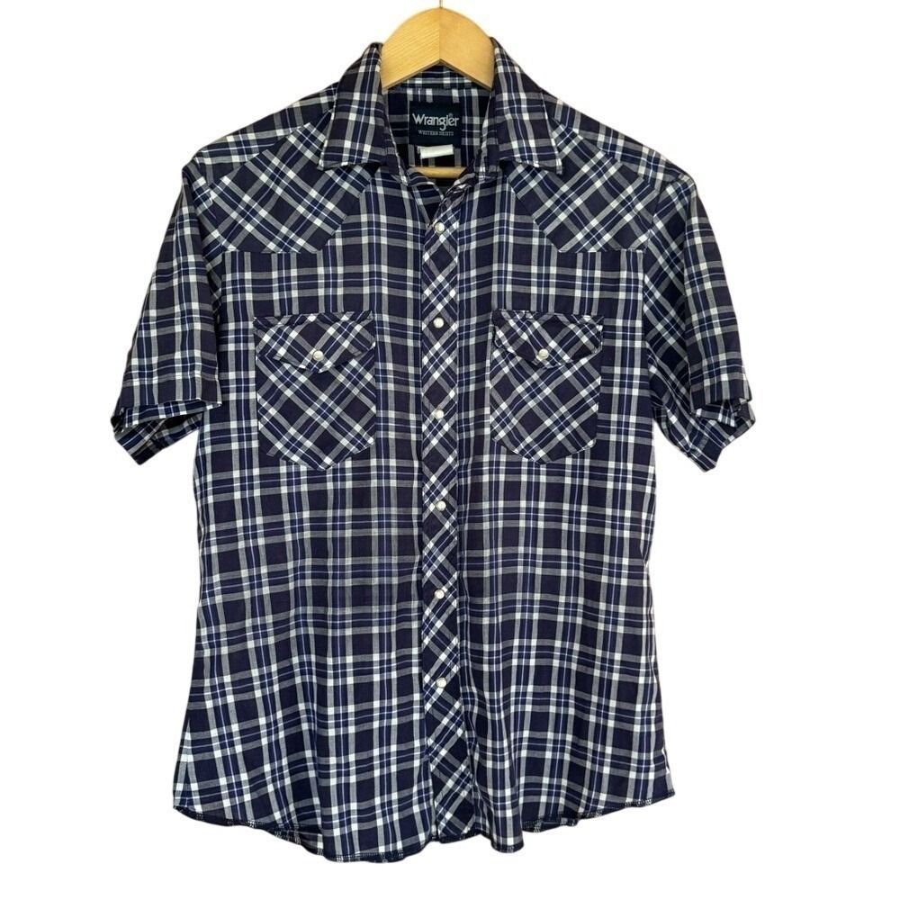 Wrangler Western Shirt Pearl Snaps Short Sleeves Plaid Blue Medium Preppy Street